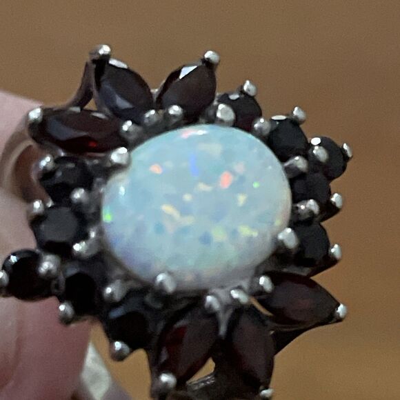 Vintage Sterling Silver Opal And Garnet Cluster Ring Womens Size 8 - Picture 9 of 10